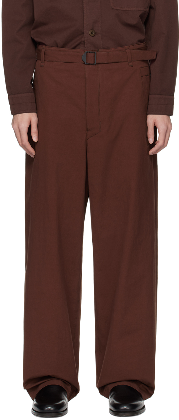 Shop Lemaire Brown Seamless Belted Trousers In Br401 Chocolate Fond