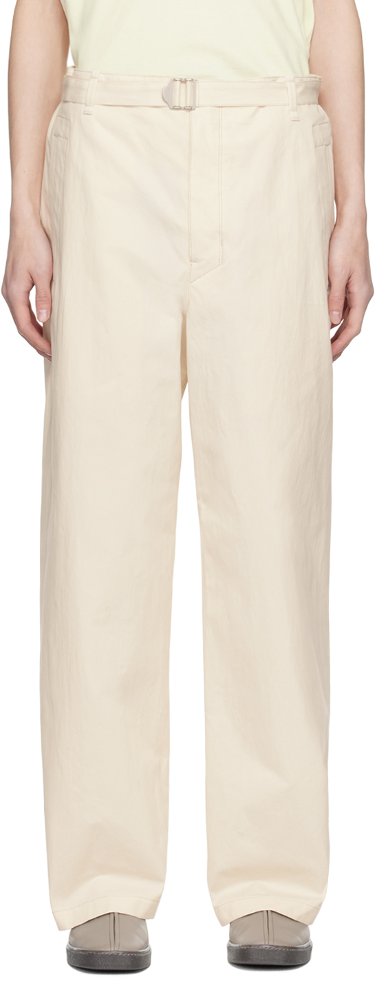 Shop Lemaire Off-white Seamless Belted Trousers In Wh053 Pale Ecru