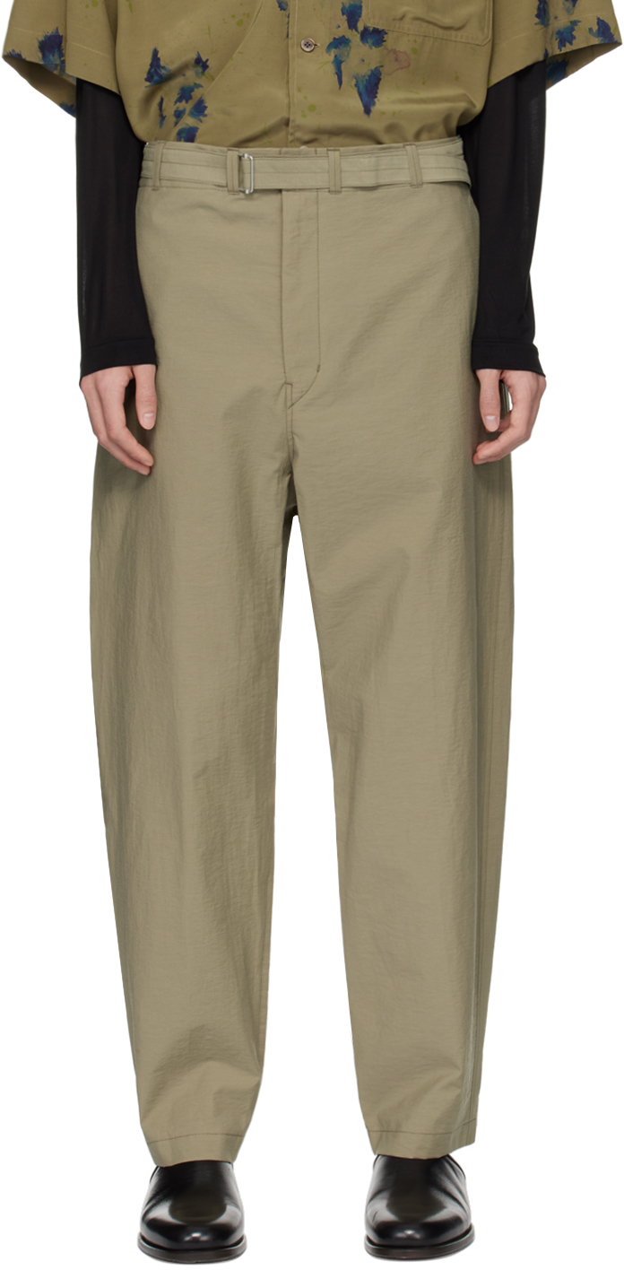 Shop Lemaire Khaki Belted Trousers In Gr641 Dusty Khaki