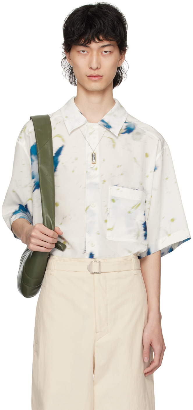 Shop Lemaire White Summer Shirt In Mu079 Chalk / Blue