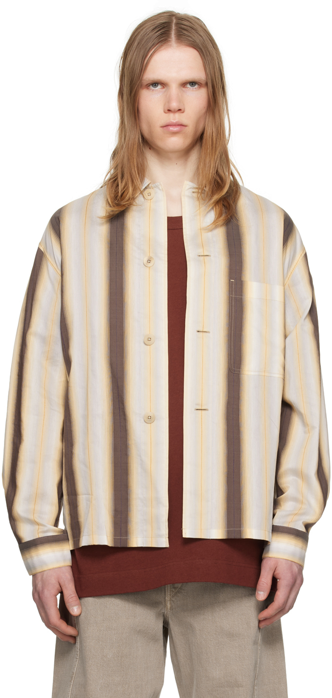 Lemaire Beige Stripe Shirt In Mu069 Brown / Aprico