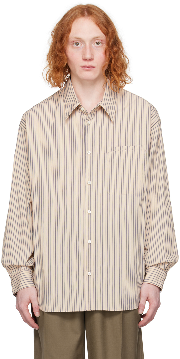 Shop Lemaire Beige & Navy Striped Shirt In Mu009 Mastic / Navy