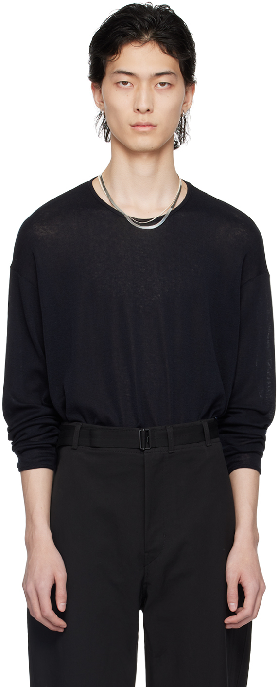 Lemaire Black Scoop Neck Long Sleeve T-shirt In Bk998 Squid Ink