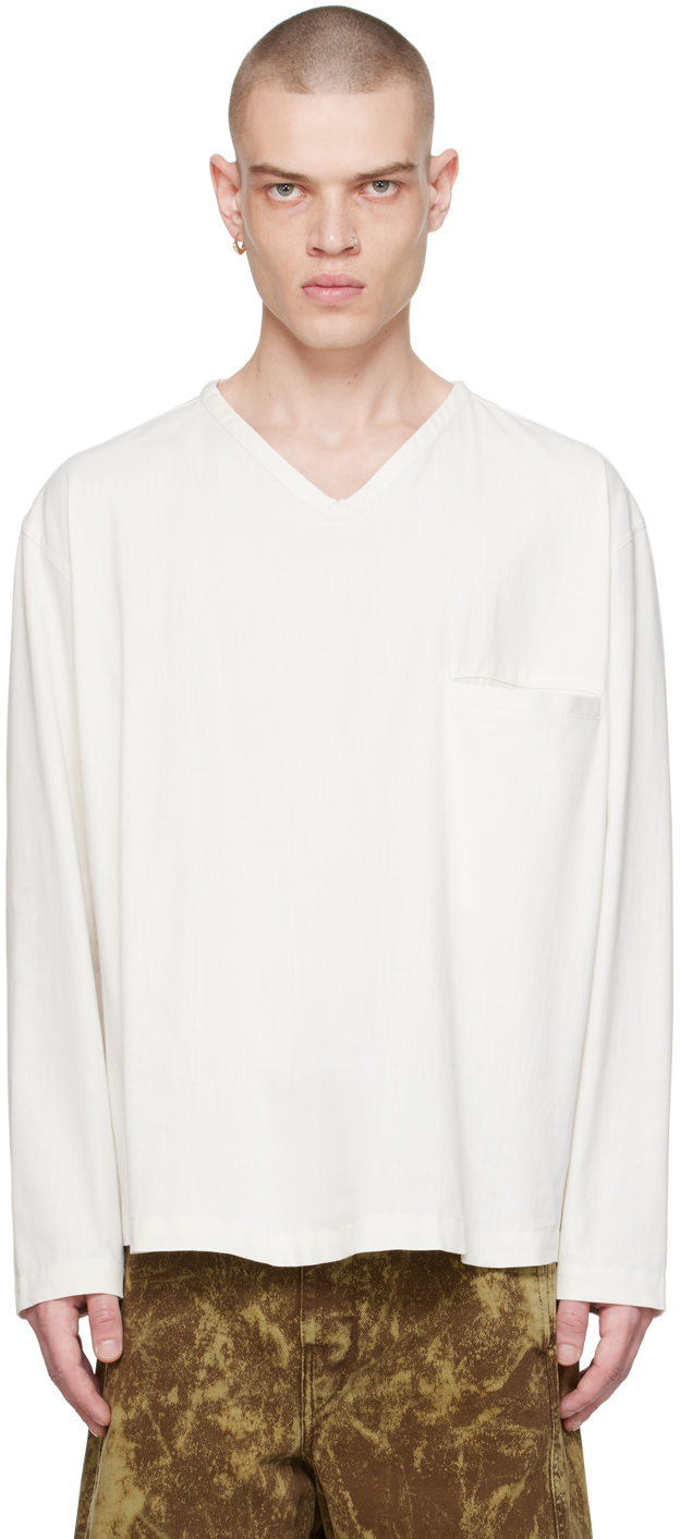 Lemaire Off-white V-neck Long Sleeve T-shirt In Wh001 Chalk