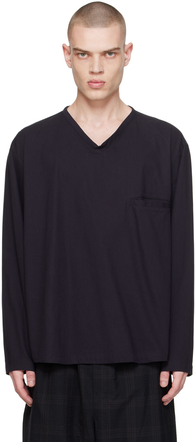 Lemaire Navy V-neck Long Sleeve T-shirt In Bl803 Midnight Indig