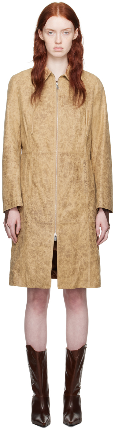 Veste En Cuir Beige Vintage Femme - Doublure Fourrure - Broderie Fleurs - Taille XL