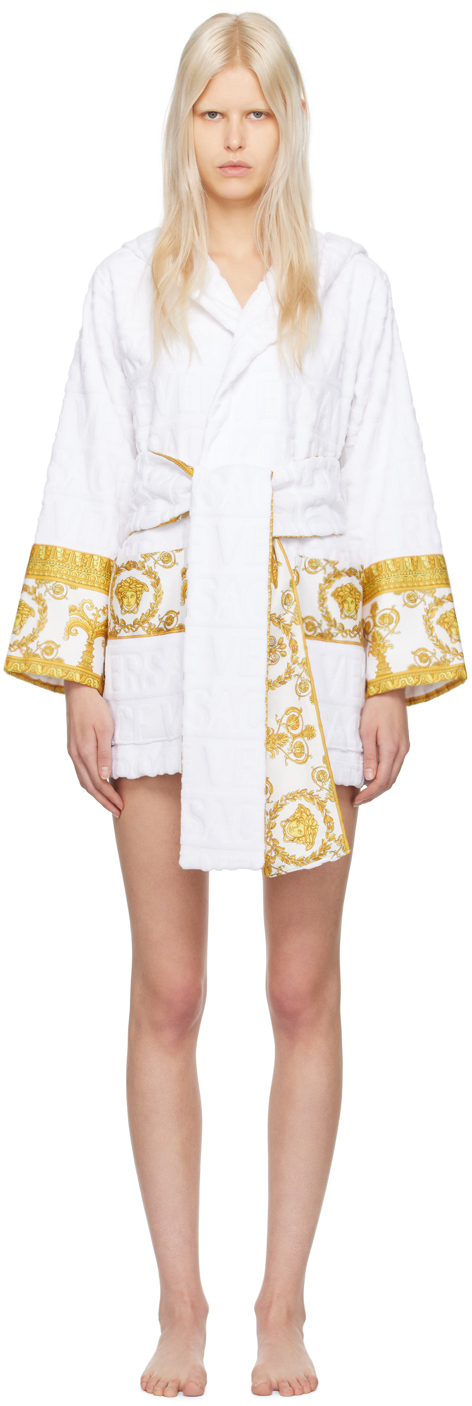 Versace White Short Dressing Gown In Z4001 Bianco