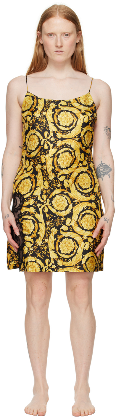 Black & Yellow Barocco Slip Dress