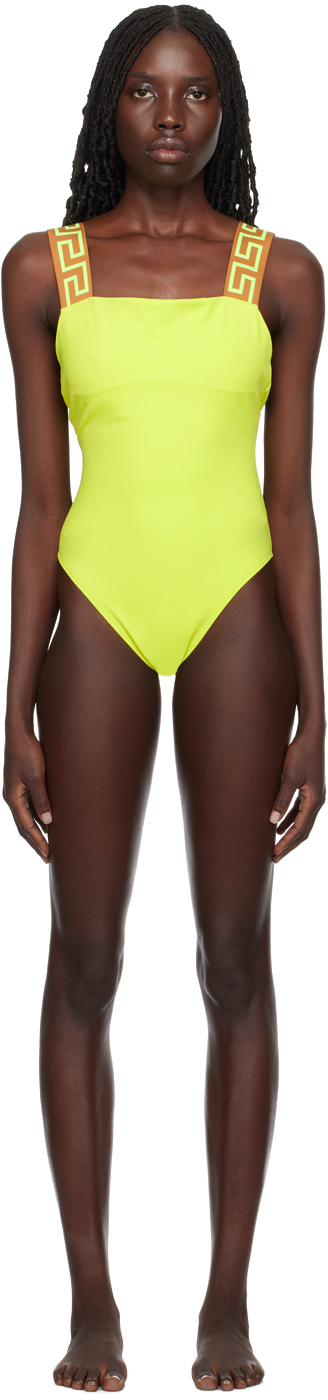 Versace Greca Border Swimsuit In Yellow