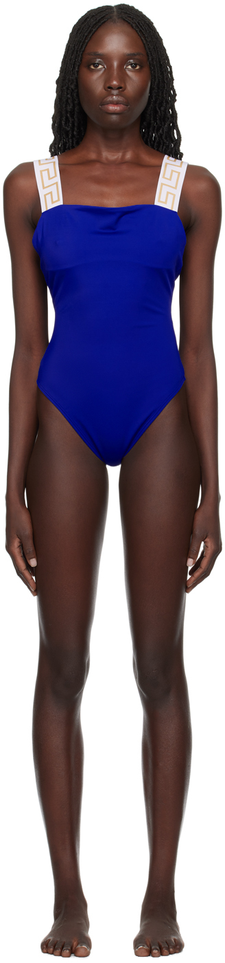 Versace Blue Greca Border Swimsuit In 2ur30 Blue-wh Gold