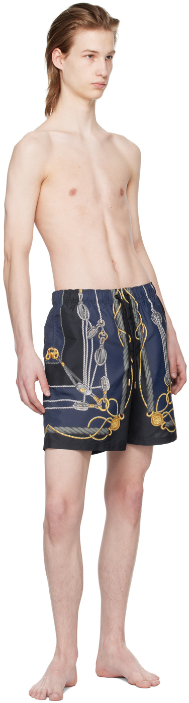 Versace 'nautical' Blue Smiwsuit Trunks With Barocco Motif In 5u170-blue+gold