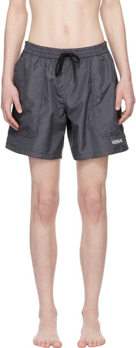 Shop Versace Gray Barocco Reversible Swim Shorts In 5bc10-black