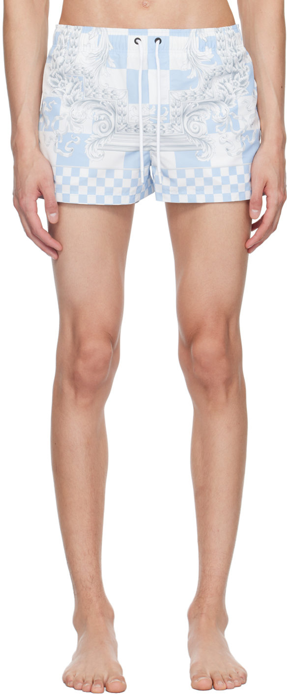 Shop Versace Blue & White Medusa Contrasto Swim Shorts In 5x500pstl Blu+w+silv
