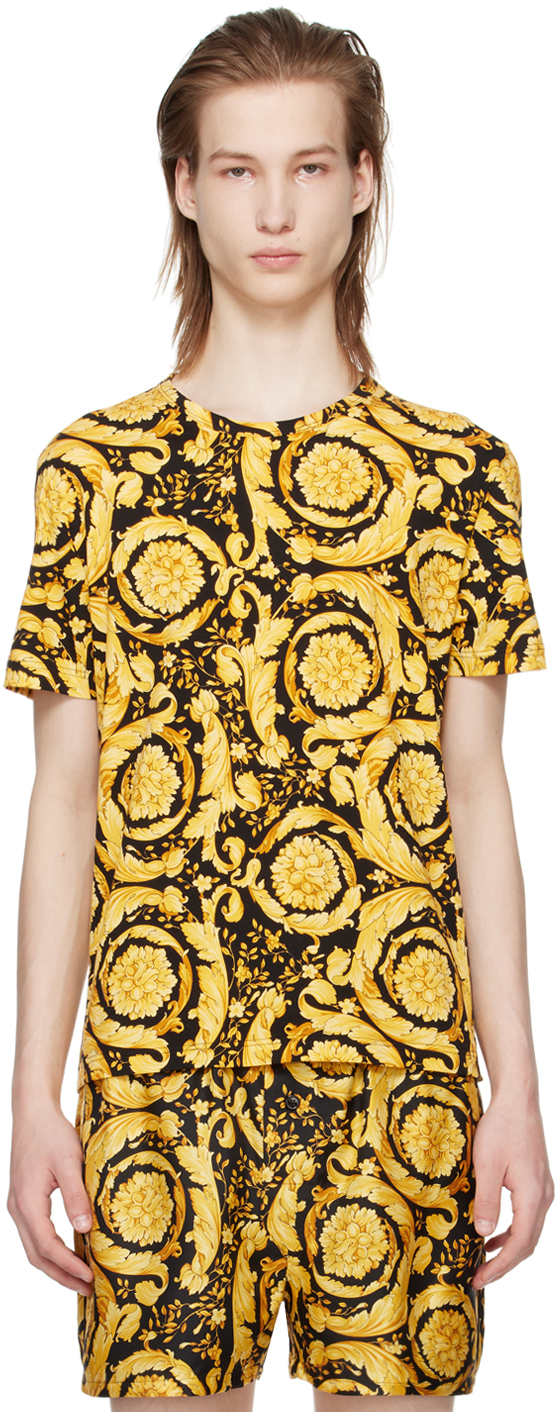 Shop Versace Black & Yellow Barocco T-shirt In 5b010-black+print