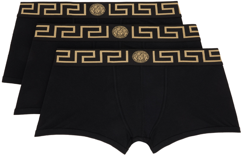 Versace Three-pack Black Greca Border Boxers In A80g-black Gold Gree
