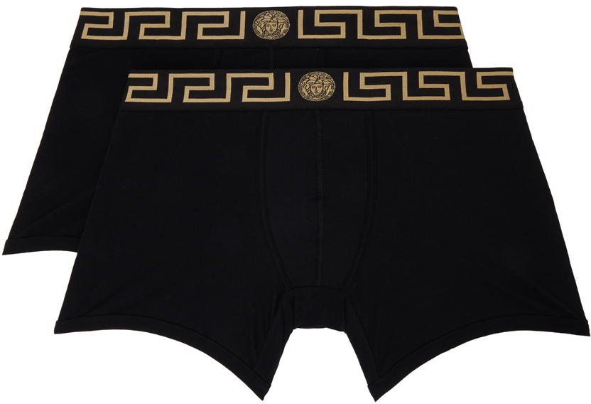 Shop Versace Two-pack Black Greca Border Boxers In A80g-black Gold Gree