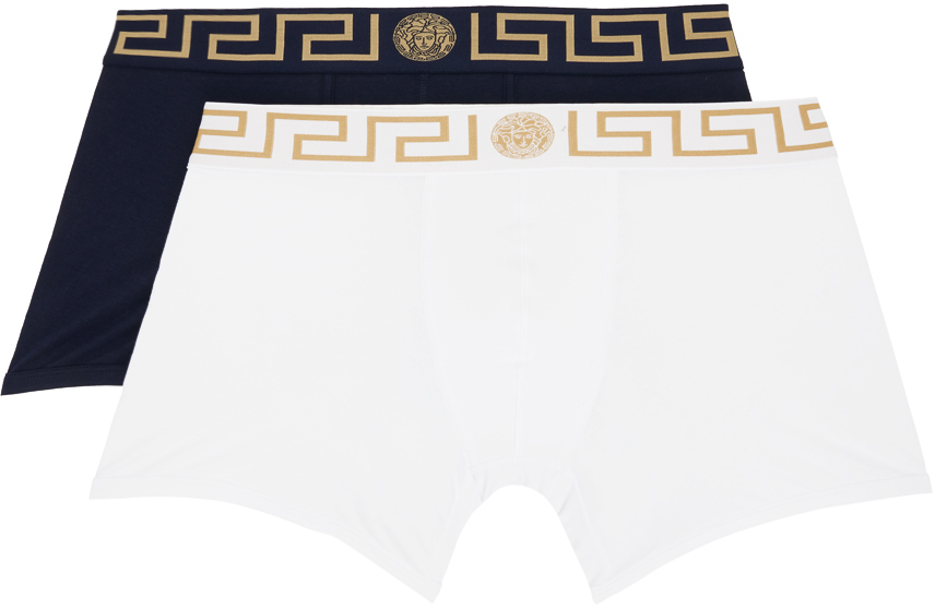 Versace Two-pack White & Navy Greca Border Boxers In A40i-white-blue
