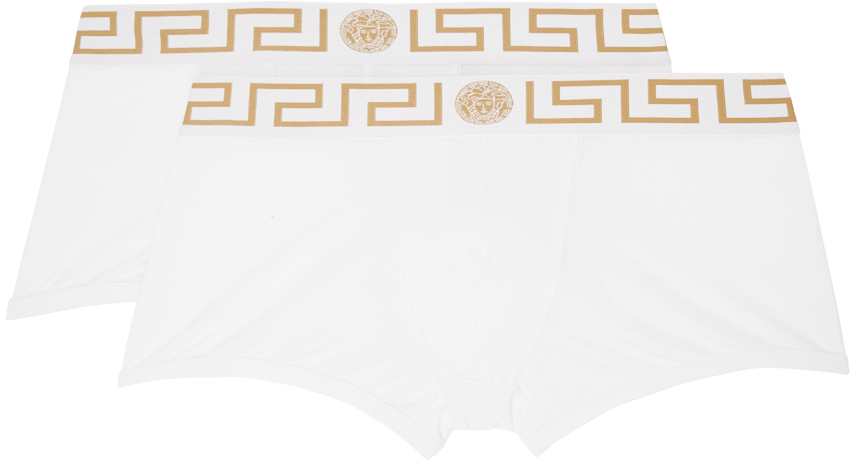 Shop Versace Two-pack White Greca Border Boxers In A81h-white- Greek Go