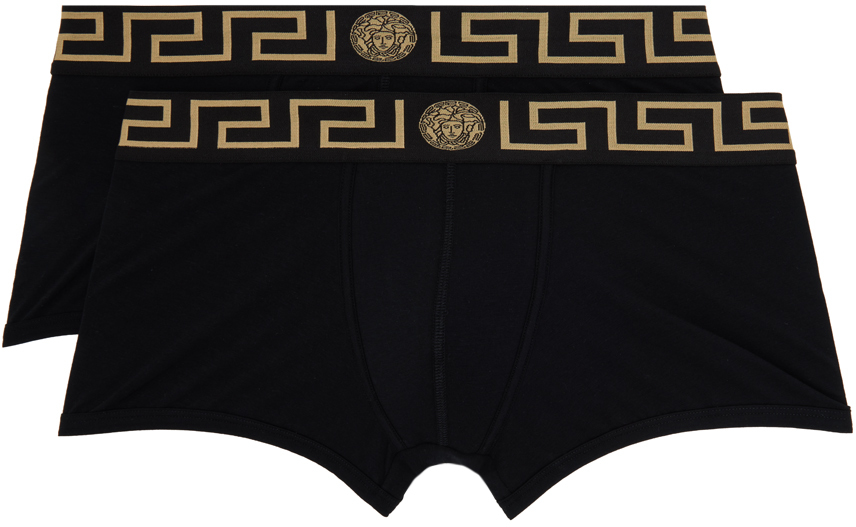Versace Two-pack Black Greca Border Boxers In A80g-black Gold Gree