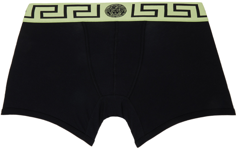 Shop Versace Black & Green Greca Border Boxers In 2bo40-blck+mint Blck