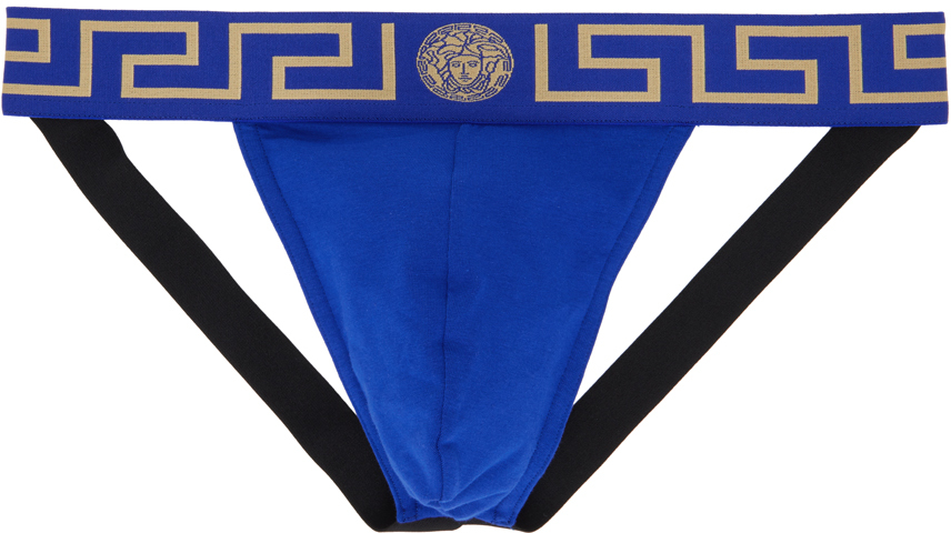 Versace Underwear: Blue Greca Border Jockstrap