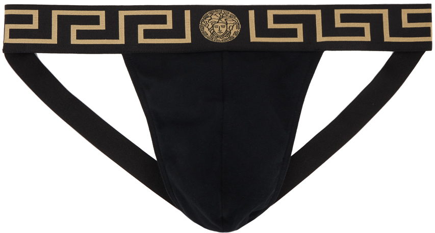 Versace Iconic Mid-rise Slim-fit Stretch-cotton Jockstrap in Black for Men