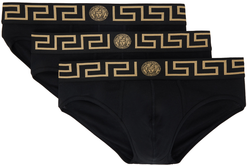 Versace Underwear: Three-Pack Black Greca Border Briefs