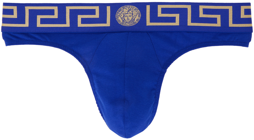 Versace Underwear: Blue Greca Border Thong