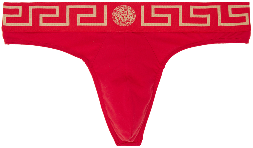 Shop Versace Red Greca Border Thong In A9x2-red-gold