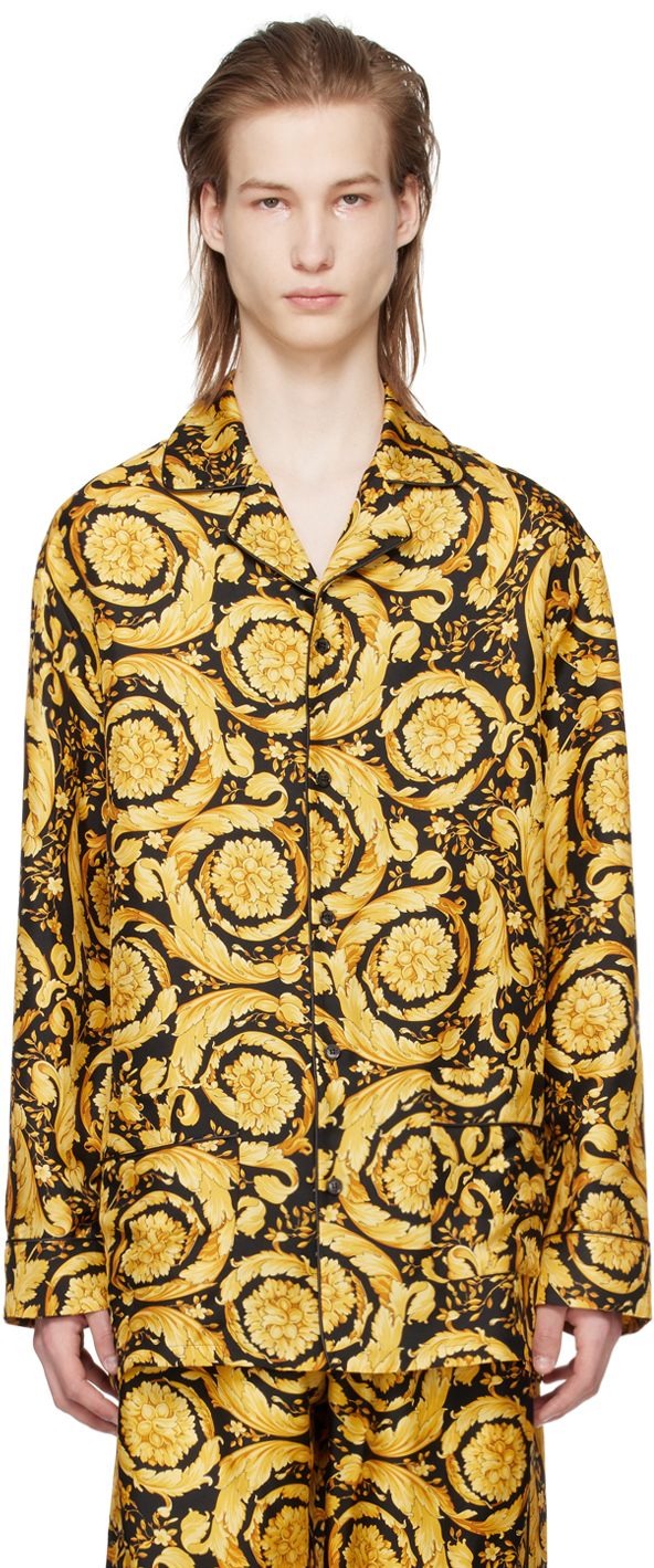 Shop Versace Black & Yellow Barocco Pyjama Shirt In 5b000-black+gold