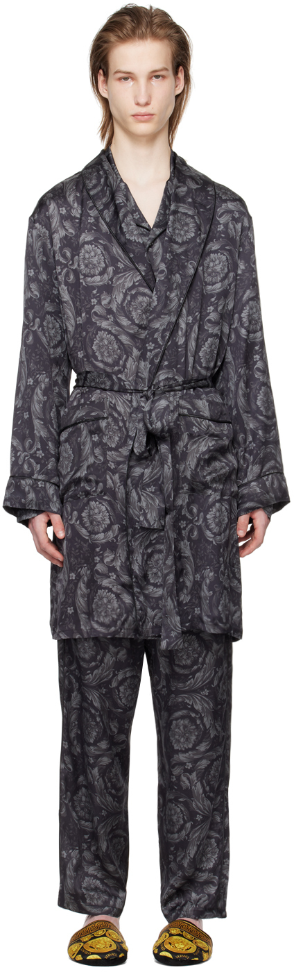 Shop Versace Black Barocco Robe In 5b050-black+grey