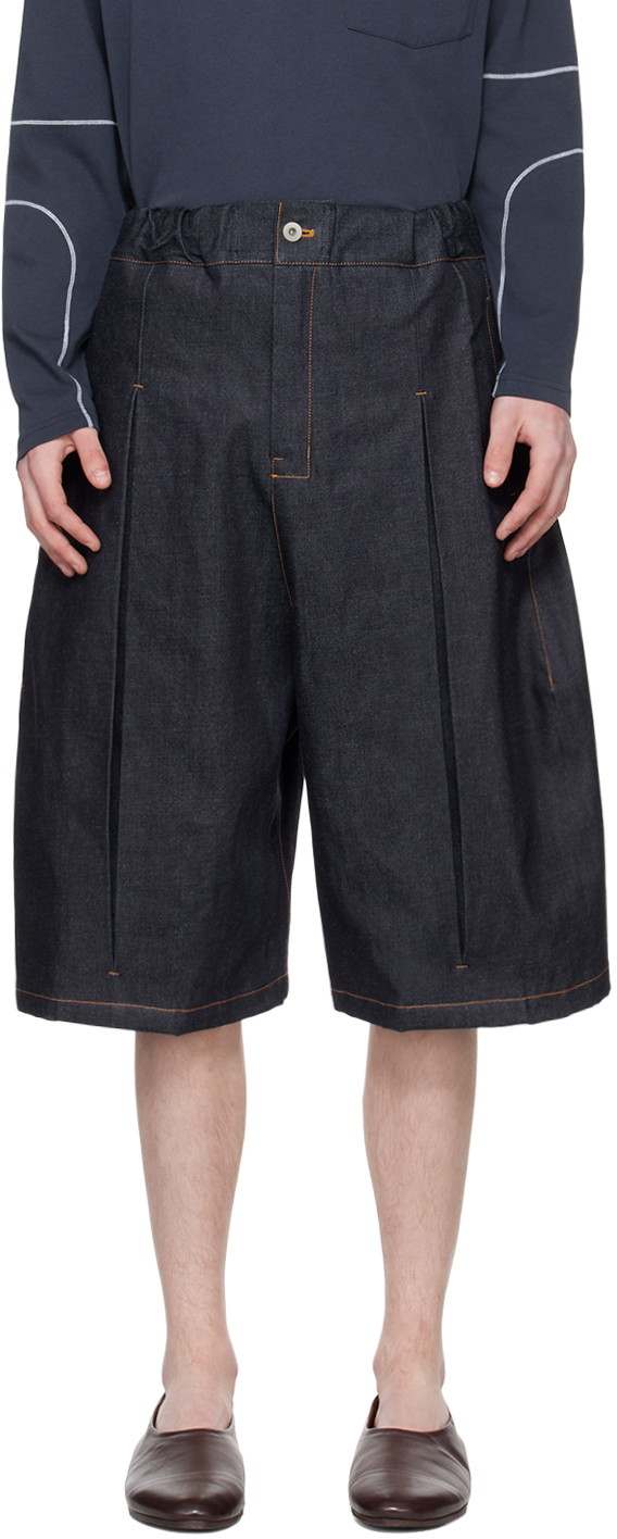 SAGE NATION: Navy Box Pleat Denim Shorts | SSENSE