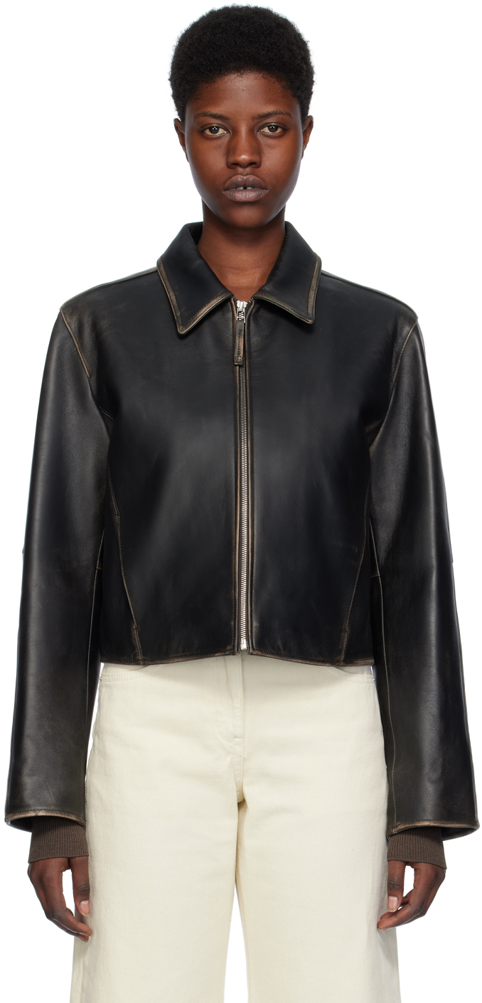 Low Classic Brown Faded Leather Jacket In Black