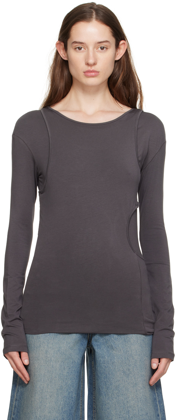 Low Classic Grey Asymmetric Hole Point Long Sleeve T-shirt In Charcoal