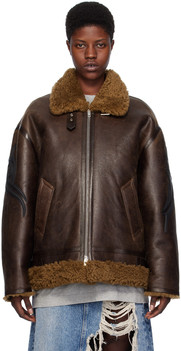 VETEMENTS: Brown Graphic Shearling Jacket