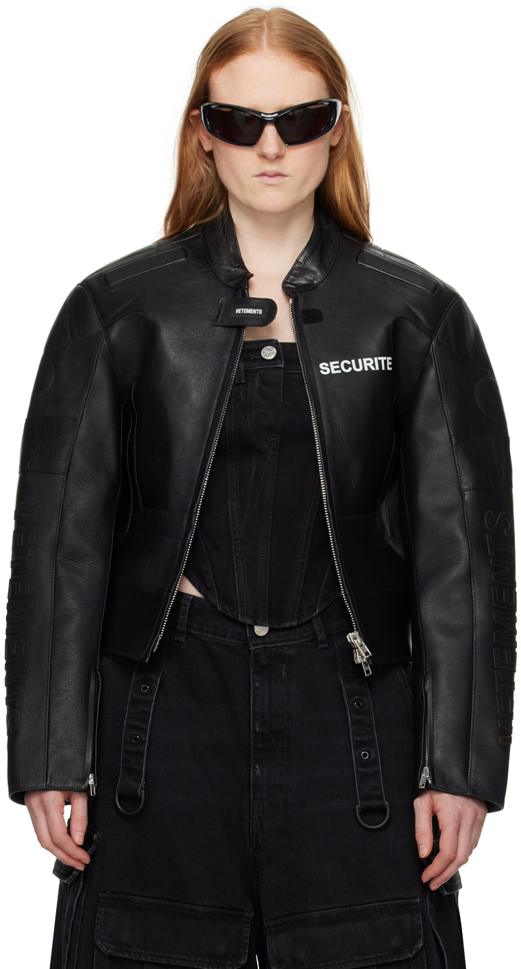 Shop Vetements Black Securite Motorcross Leather Jacket
