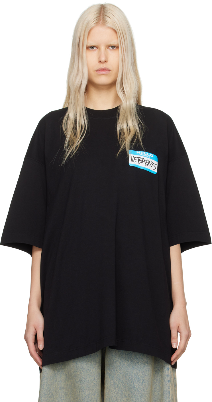 Vetements Name-tag Printed Cotton T-shirt In Nero