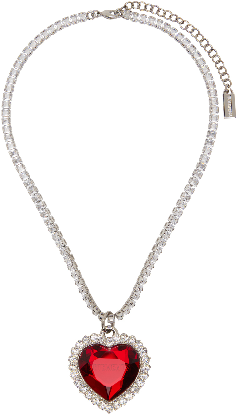Vetements Silver & Red Crystal Heart Necklace
