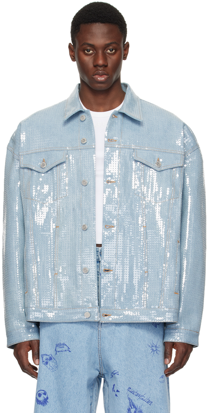 Blouson bleu en denim à paillettes VETEMENTS en solde