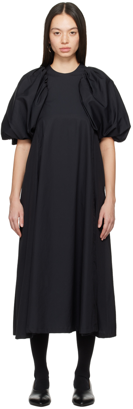 Noir Kei Ninomiya: Black Puff Sleeve Midi Dress | SSENSE