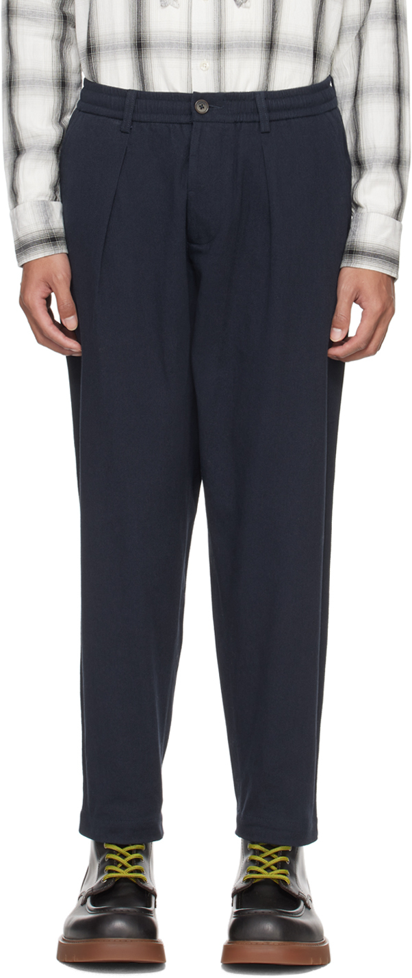 Shop Universal Works Navy Pleated Trousers