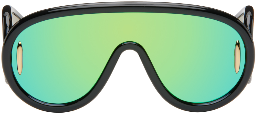 Loewe Black Wave Mask Sunglasses In Shiny Blk/grn Mirror
