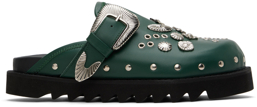 Shop Toga Virilis Ssense Exclusive Green Eyelet Metal Sabot Loafers In Dark Green Leather
