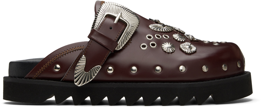 Shop Toga Virilis Ssense Exclusive Burgundy Eyelet Metal Sabot Loafers In Burgundy Leather