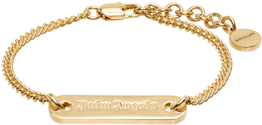 Shop Palm Angels Gold Logo Plate Bracelet In Gold Black