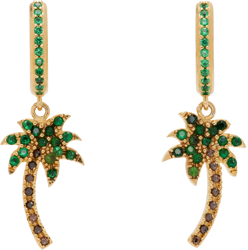 Shop Palm Angels Gold Palm Hoop Earrings In Green Brown
