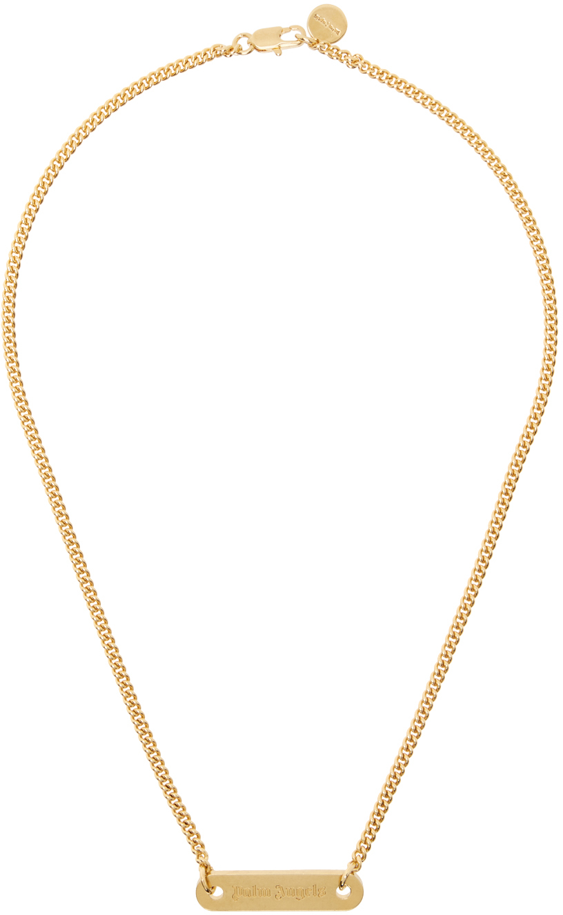 Shop Palm Angels Gold Logo Plate Necklace In Gold Black
