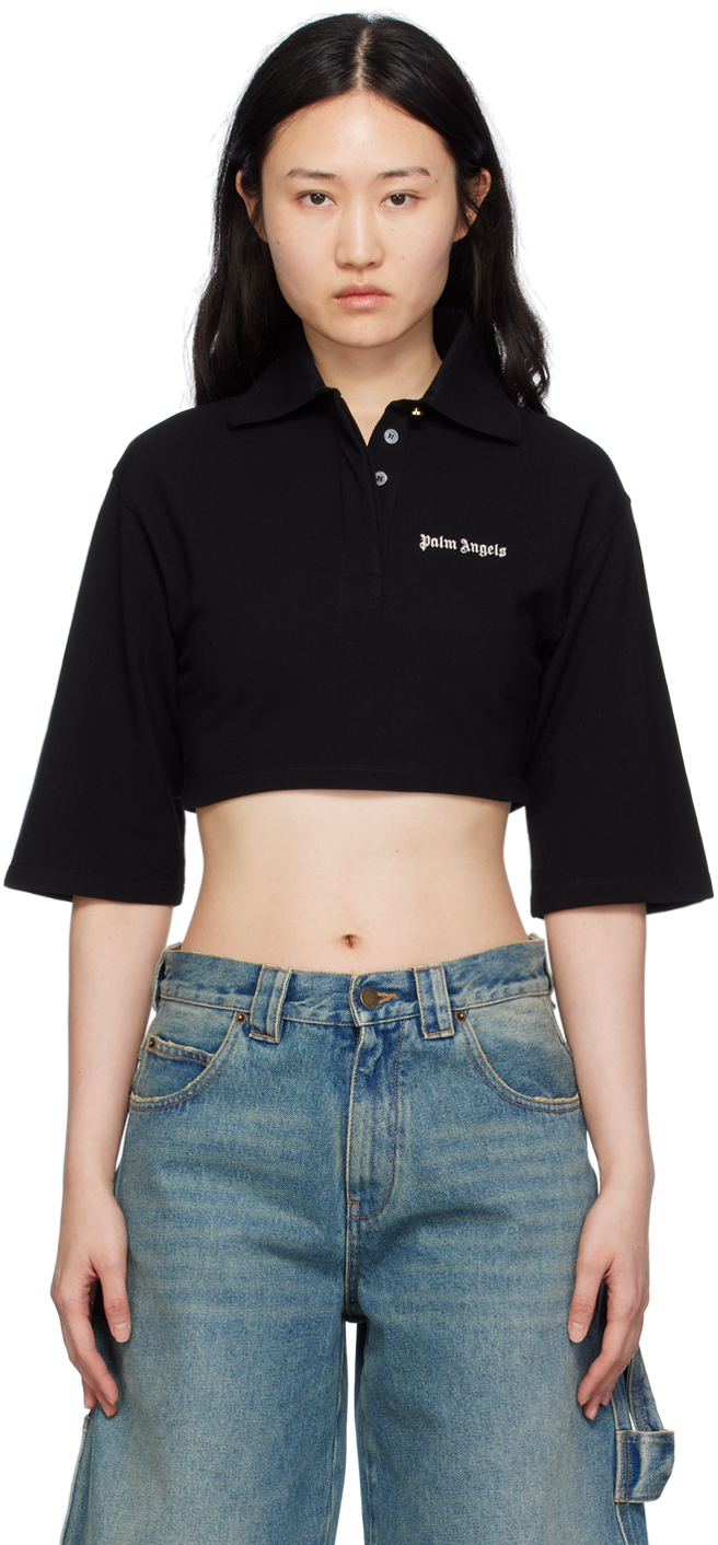 Palm Angels Black Cropped Polo In Black Off White