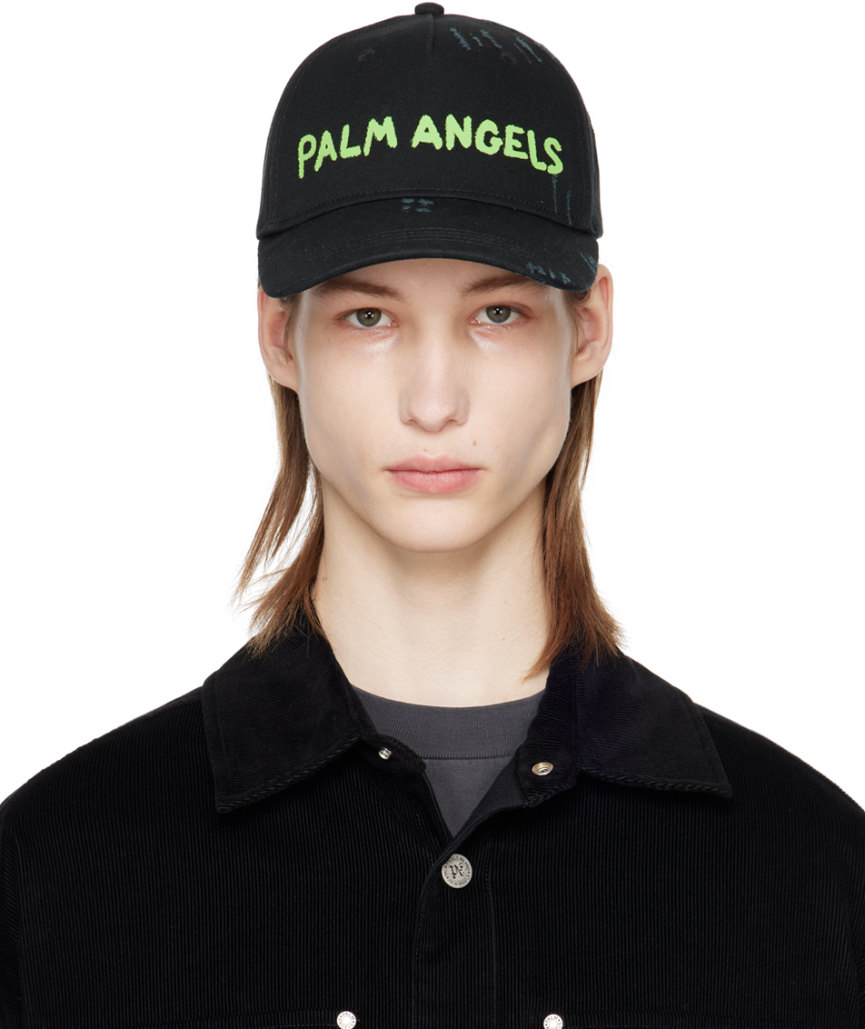 Shop Palm Angels Black Logo Cap In Black Green Fluo