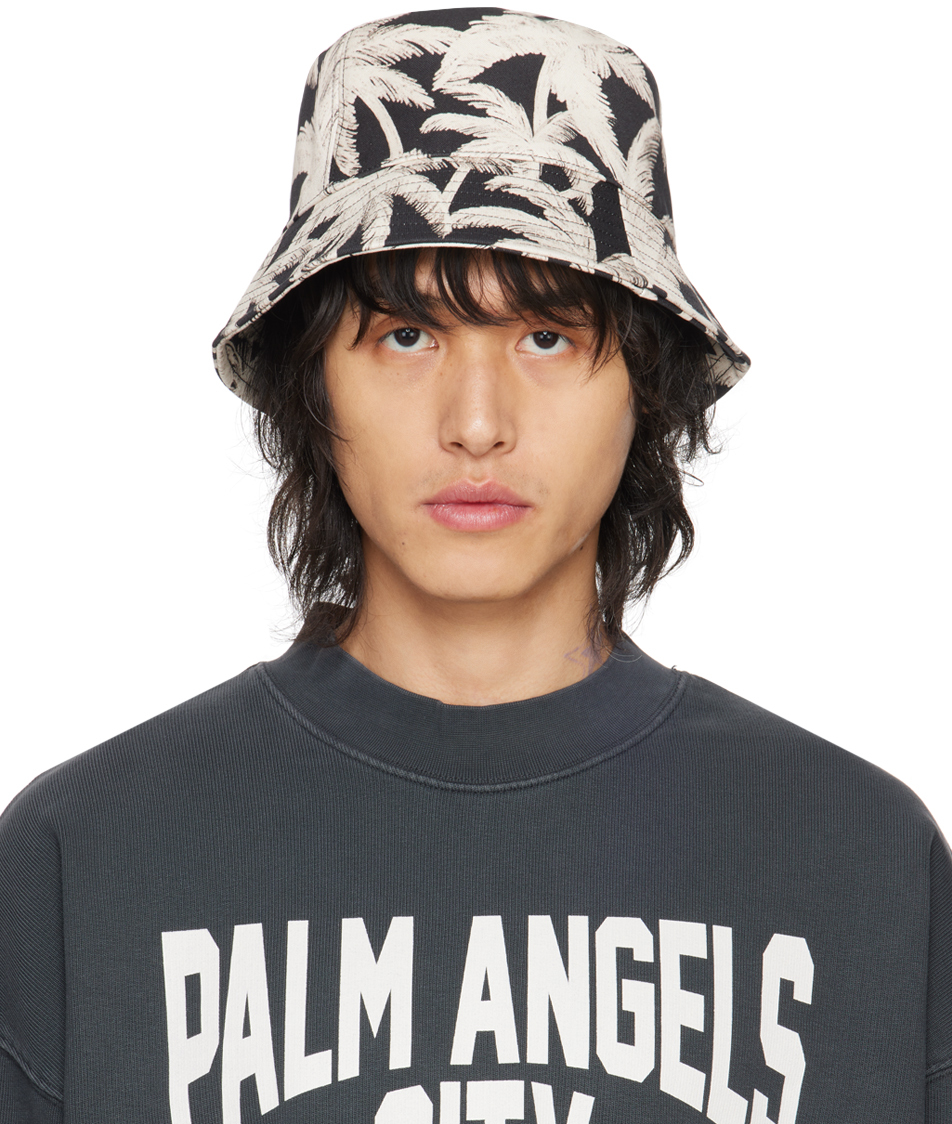 Shop Palm Angels Black & Off-white Allover Palms Bucket Hat In Black Off